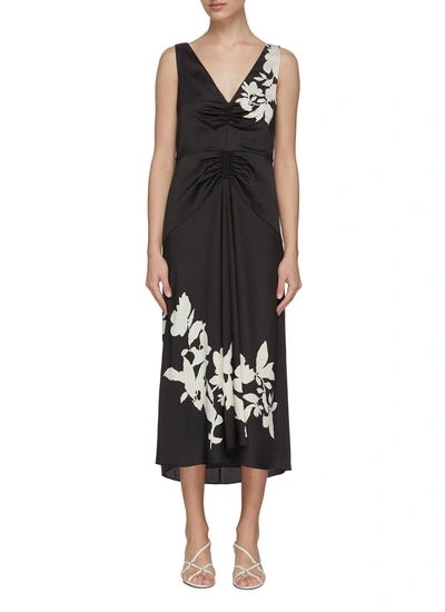 Shop Vince Floral Print Ruch Waist Midi Dress In Black,white