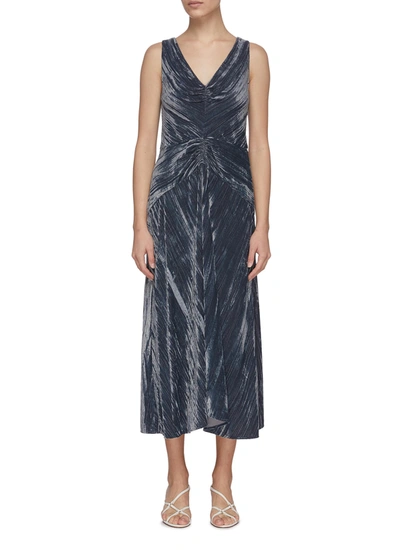 Shop Vince Ruched Panel V-neck Pleated Velvet Dress In Blue