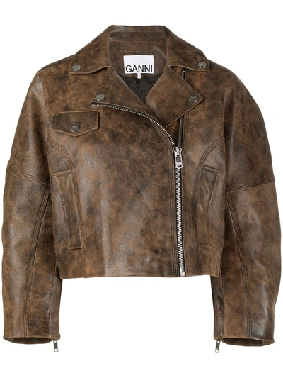 Shop Ganni Washed Leather Short Jacket In Brown