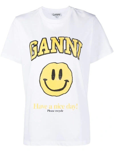 Shop Ganni Smiley-face Print Logo T-shirt In White