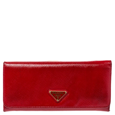 Pre-owned Prada Red Patent Saffiano Leather Long Flap Wallet