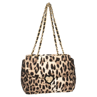 Pre-owned Moschino Brown Leopard Print Satin Flap Shoulder Bag