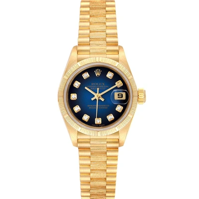 Pre-owned Rolex Blue Diamonds 18k Yellow Gold President 69278 Women's Wristwatch 26 Mm