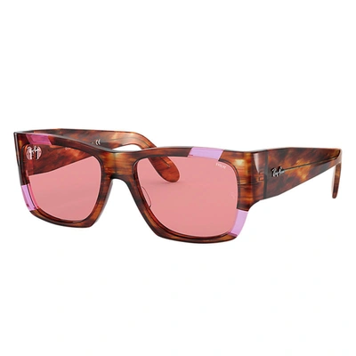 Shop Ray Ban Sunglasses Unisex Nomad Pink Fluo - Striped Havana And Pink Fluo Frame Pink Lenses 54-17 In Havana Gestreift Und Pink Fluo