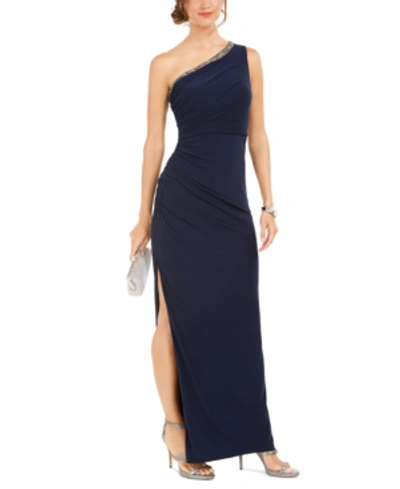 Shop Adrianna Papell Petite One-shoulder Jersey Gown In Midnight