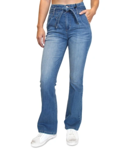 Shop Almost Famous Juniors' Paperbag Tie-waist Flare-leg Jeans In Medium Was