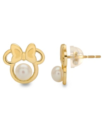 Shop Disney Children's Cultured Freshwater Pearl (4mm) Minnie Mouse Stud Earrings In 14k Gold In Yellow Gold