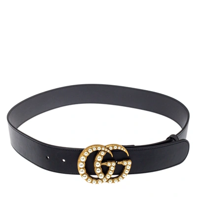 Pre-owned Gucci Black Leather Gg Marmont Pearl Embellished Buckle Belt 90cm