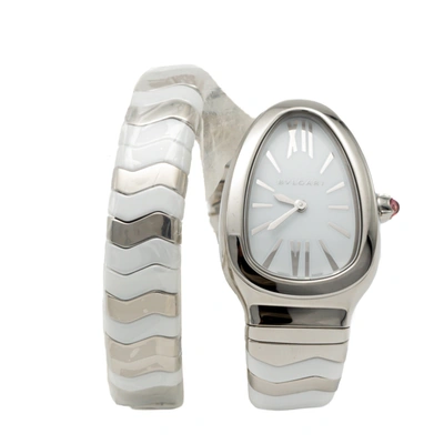 Pre-owned Bvlgari White Serpenti Spiga Stainless Steel & Ceramic Women's Watch Small Size