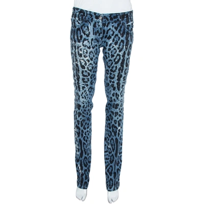 Pre-owned Dolce & Gabbana Blue Animal Print Dark Wash Straight Leg Jeans S