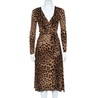 Pre-owned Dolce & Gabbana Brown Leopard Print Wrap Effect Midi Dress Xs