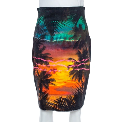 Pre-owned Balmain Black Sunset Printed Denim High Waist Skirt M