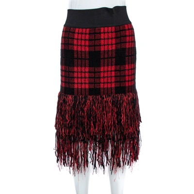 Pre-owned Balmain Red/black Checkered Tweed Fringe Skirt M