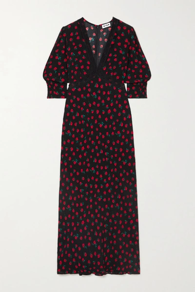 Shop Rixo London Gemma Lace-trimmed Floral-print Crepe Midi Dress In Black