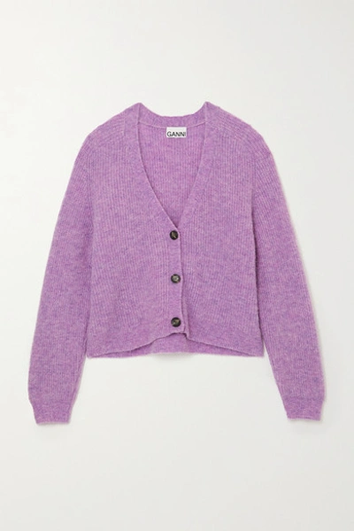 Shop Ganni Ribbed-knit Cardigan In Lilac