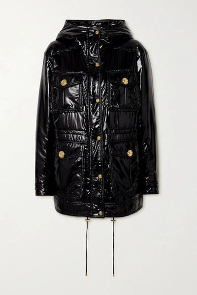 Shop Balmain Hooded Padded Glossed-shell Jacket In Black