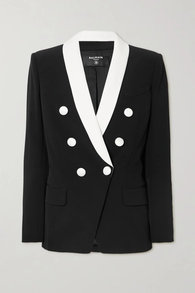 Shop Balmain Double-breasted Two-tone Crepe Blazer In Black