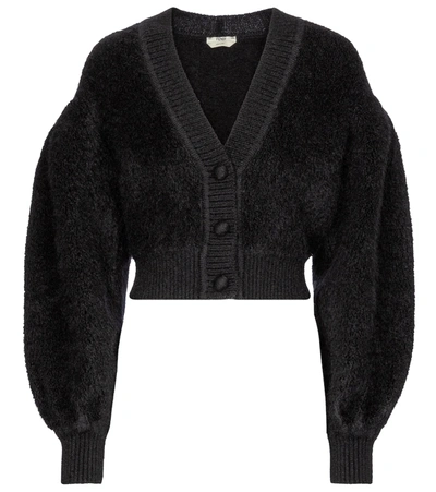 Shop Fendi Cropped Mohair-blend Cardigan In Black