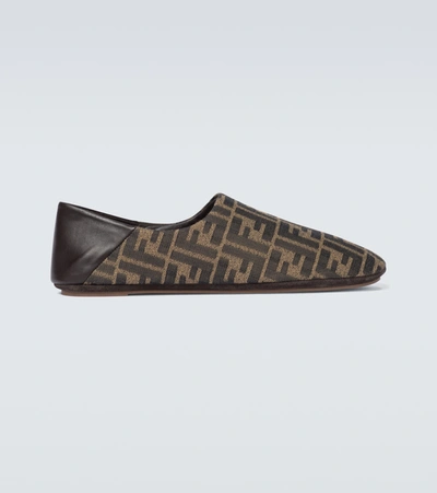 Shop Fendi Ff Canvas Slippers In Brown