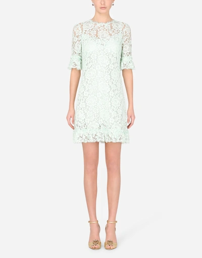 Shop Dolce & Gabbana Short Lace Dress With Ruching In Green
