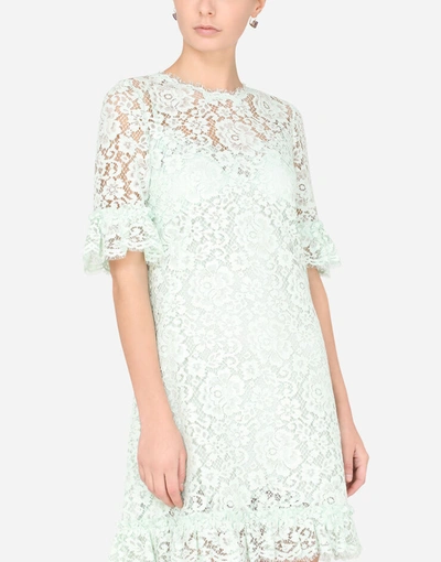Shop Dolce & Gabbana Short Lace Dress With Ruching In Green