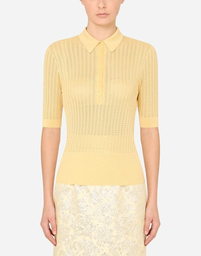 Shop Dolce & Gabbana Silk Lace-stitch Polo Shirt In Yellow