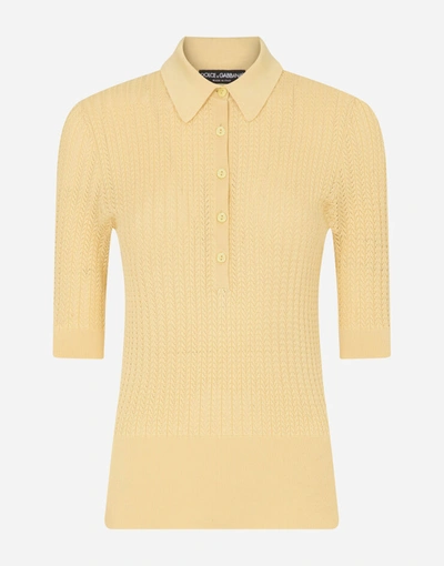 Shop Dolce & Gabbana Silk Lace-stitch Polo Shirt In Yellow