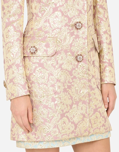 Shop Dolce & Gabbana Lamé Jacquard Coat With Bejeweled Buttons