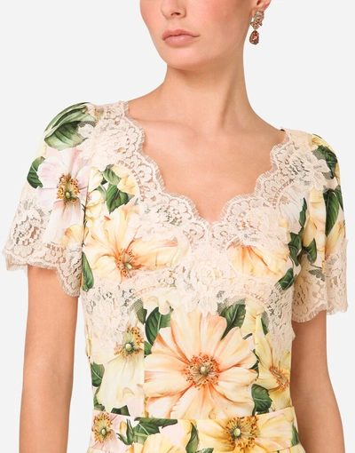 Shop Dolce & Gabbana Camellia-print Charmeuse Top With Lace Details In Floral Print