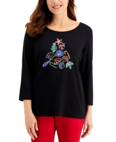 Shop Karen Scott Shell Embellished Top, Created For Macy's In Deep Black