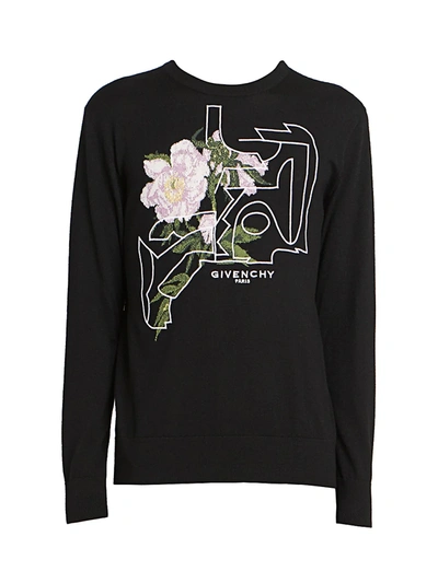 Shop Givenchy Men's Peony Jacquard Crewneck Wool Sweater In Black Pink
