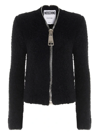 Shop Moschino Macro Zip Cardigan In Black And Silver