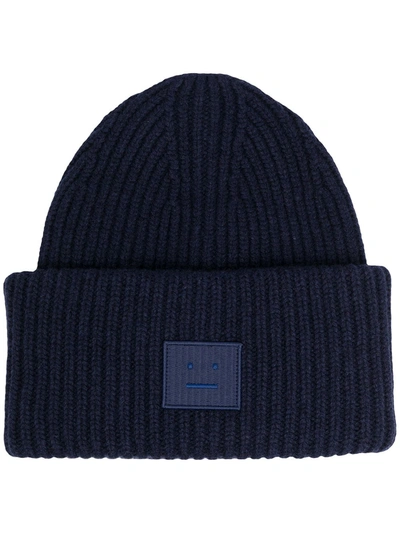 Shop Acne Studios Face-patch Knitted Beanie In Blue