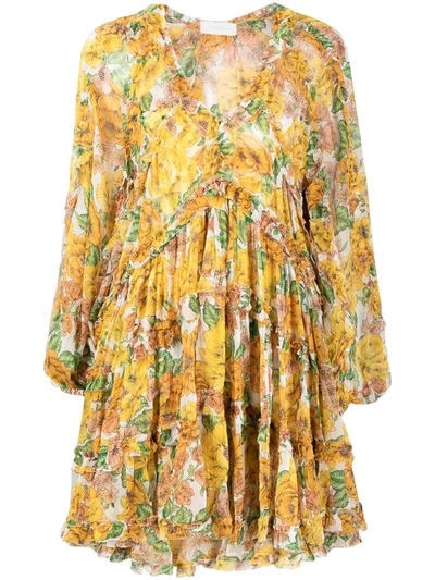 Shop Zimmermann All-over Floral Print Flared Silk Dress In Yellow