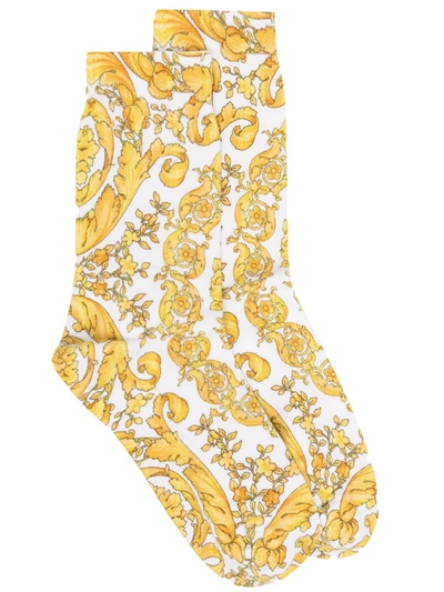 Shop Versace Baroque Print Cotton-blend Socks In White