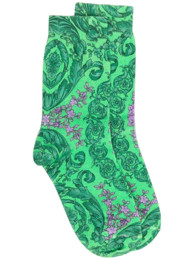 Shop Versace Baroque Print Cotton-blend Socks In Green