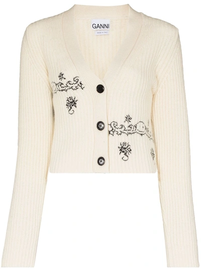 Shop Ganni Jacquard Knit Detail Cardigan In White