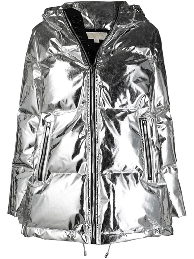 Shop Michael Michael Kors Metallic Puffer Hooded Coat In Silver