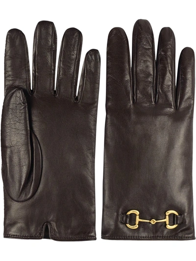 Shop Gucci Horsebit-embellished Leather Gloves In Brown