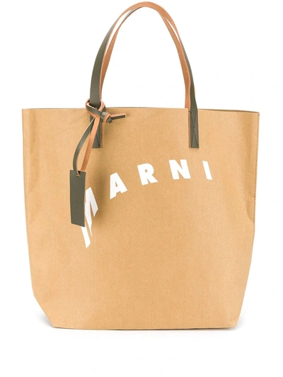 Shop Marni Logo Print Tote Bag In Brown