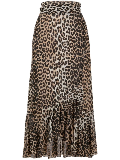 Shop Ganni Leopard Print Tie Waist Skirt In Brown