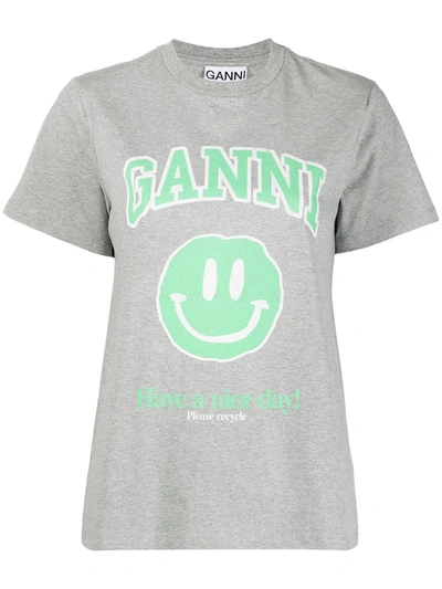 Shop Ganni Smiley-face Print Logo T-shirt In Grey