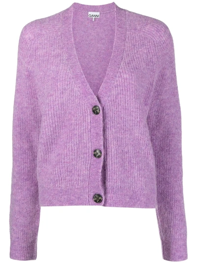 Shop Ganni V-neck Cropped Cardigan In Purple