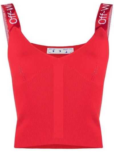 Shop Off-white Logo Straps Knitted Cropped Top In Red
