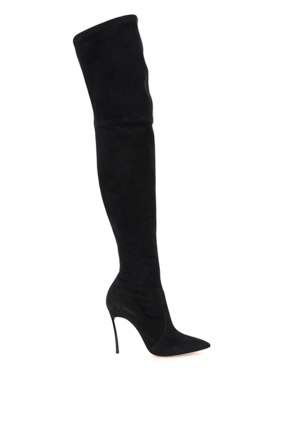Shop Casadei Blade 100 Over The Knee Suede Boots In Nero (black)