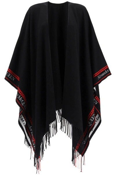 Shop Alexander Mcqueen Cape With Jacquard Heart Logo In Black Red (black)