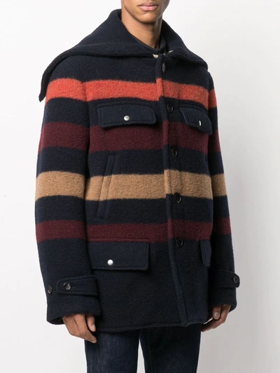 Shop Lanvin Striped Wool Hooded Coat In Blue