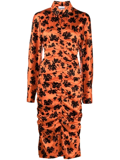 Shop Ganni Floral-print Mid-length Shirt Dress In Orange