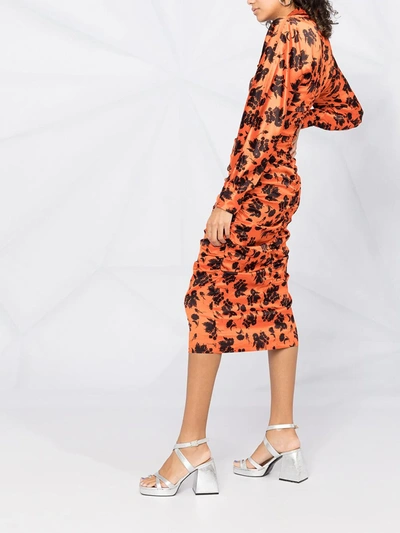 Shop Ganni Floral-print Mid-length Shirt Dress In Orange