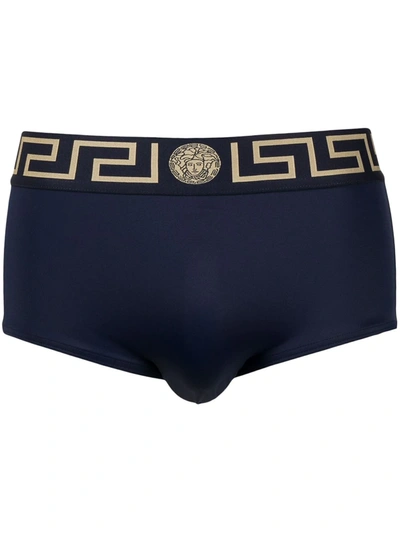 Shop Versace Greca-waistband Logo Boxers In Blue
